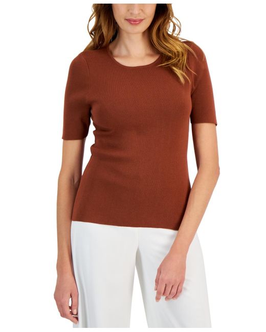 Tahari Red Round-neck Short-sleeve Sweater Top