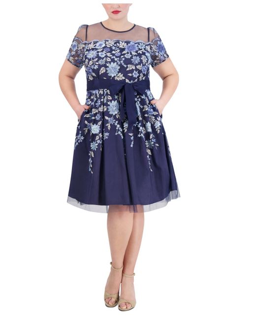 Eliza J Blue Plus Size Embroidered Mesh Dress