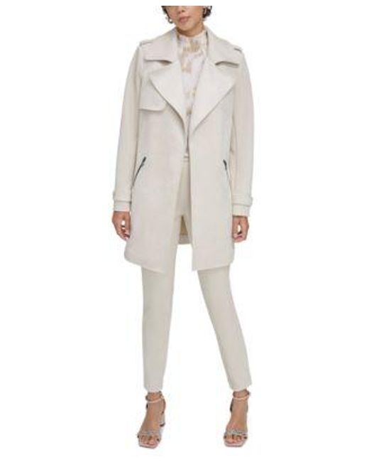 Calvin Klein Natural Petite Faux Suede Open Front Trench Jacket Smocked Neck Flutter Sleeve Blouse Faux Suede Skinny Leg Pants