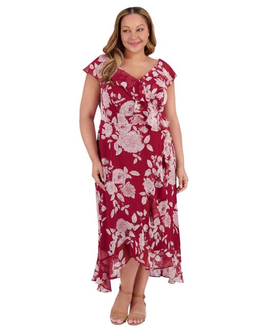 London Times Women's Red Plus Size Ruffled Floral-print Faux
