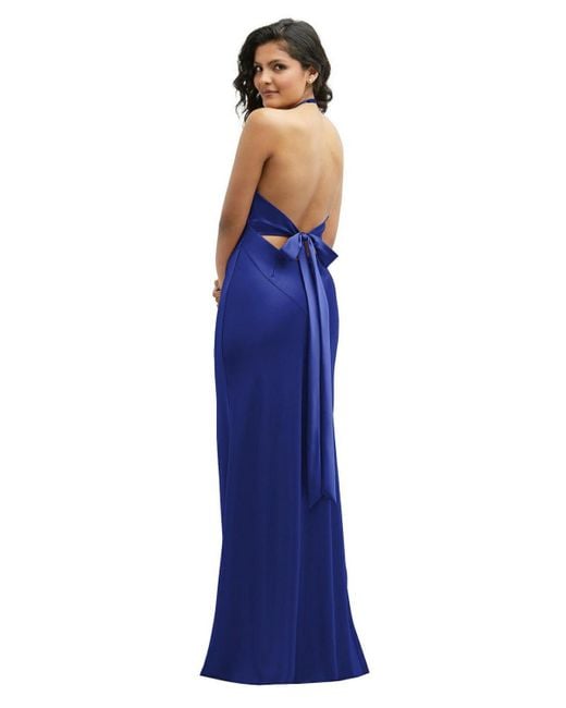 After Six Blue Plunge Halter Open-Back Maxi Bias Dress With Low Tie Back