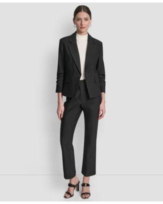 DKNY Black Pinstripe Ruched Sleeve One Button Blazer Mid Rise Pinstripe Pants