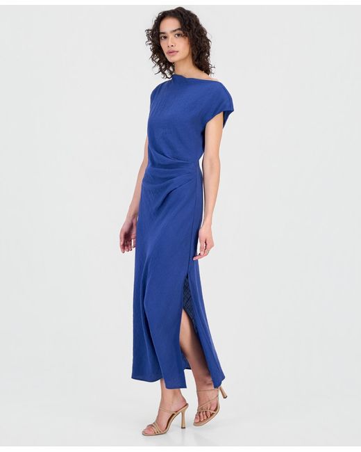 sam edelman pleated asymmetric hem satin dress Cowl-neck Waist-pleat Side-slit in Blue length dress from AllSaints