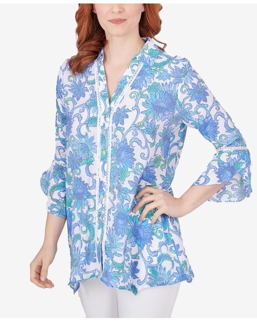 Ruby Rd Blue Petite Bali Floral Button Front Top