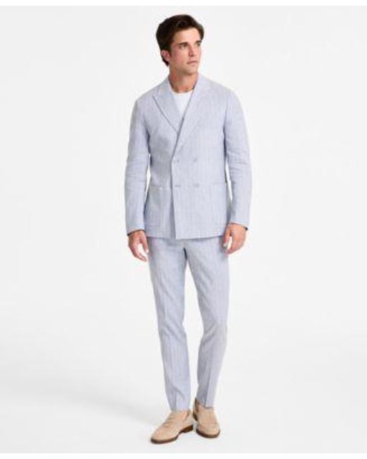 Calvin Klein Men's Blue Slim Fit Double Breasted Linen Suit Separates