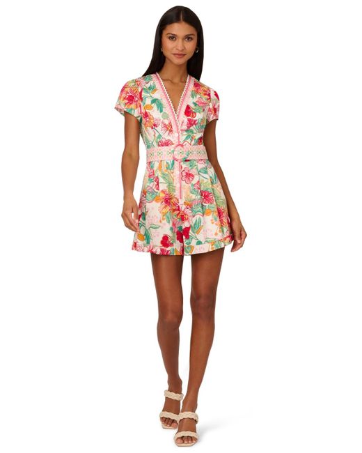 Adrianna Papell Red L Floral-print Belted Romper