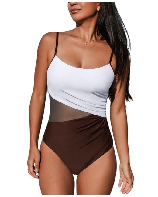 CUPSHE White Scoop Neck Cutout Back Hook Mesh One Piece Swimsuit