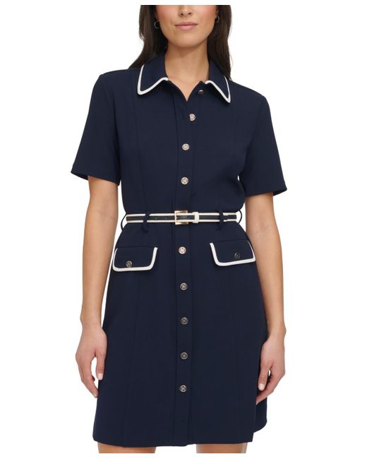 Tommy Hilfiger Blue Petite Piping Trim Belted Shirtdress