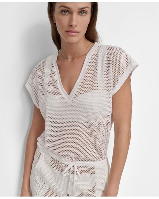 DKNY White Mesh Drawstring Tunic Swim Cover-up