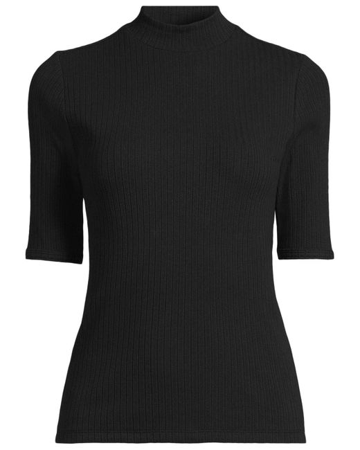 Lands' End Black Plus Size Elbow Sleeve Pointelle Rib Mock Neck