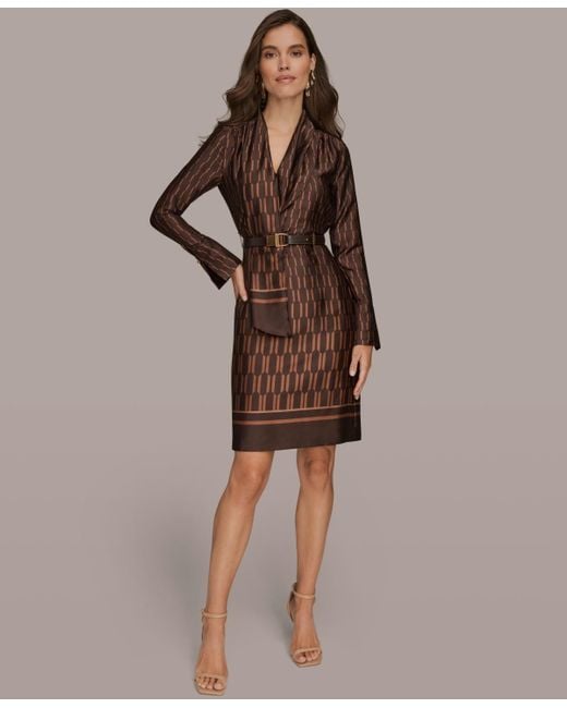 Donna Karan Women's Brown Satin Geo Belted Dress