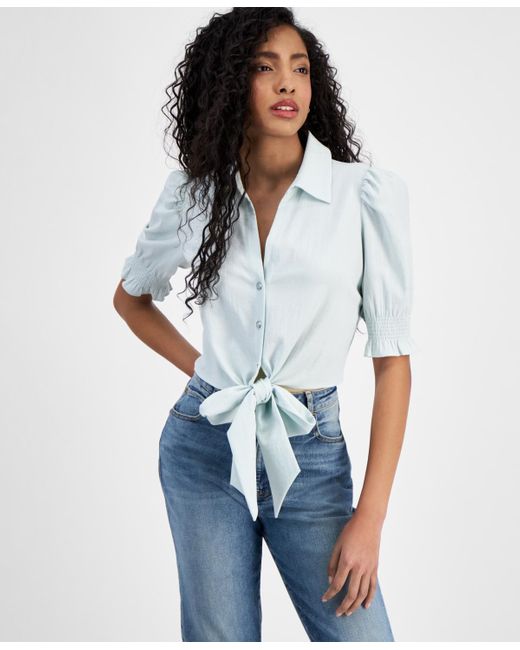 Guess White Adele Button-front Knot-back Cropped Shirt
