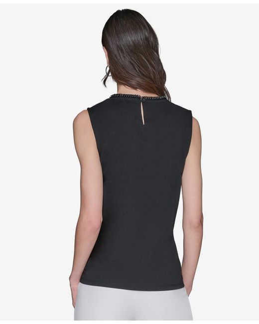 Karl Lagerfeld Black Bead-trim Sleeveless Top