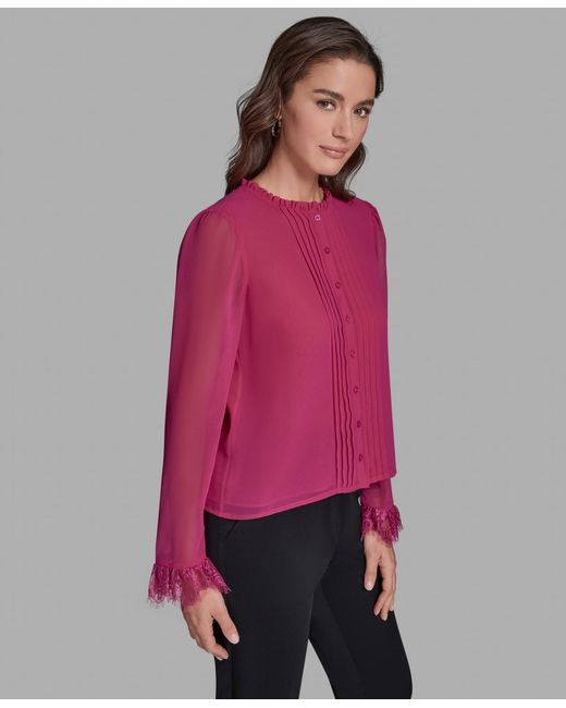 BCBGMAXAZRIA Red Pleated Button-down Blouse