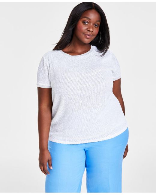 Anne Klein White Plus Size Sequin-embellished Short-sleeve Top