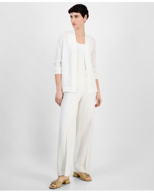 Anne Klein White Shadow Stripe Open-front Cardigan