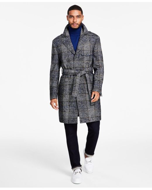 Tayion Collection Blue Classic-fit Plaid Self Belted Wool Blend Overcoats for men