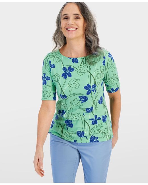 Style & Co. Green Printed Boat-neck Elbow-sleeve Top
