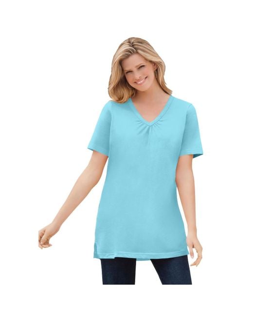 Woman Within Blue Plus Size Within Perfect Short-sleeve Shirred V-neck Tunic