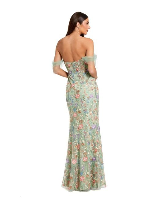 Mac Duggal Green Off The Shoulder Bustier Emboridered Net Gown