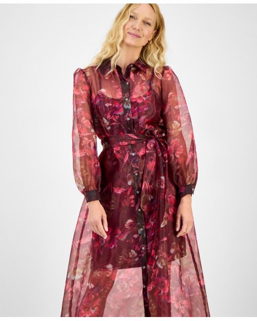 Julia Jordan Red Printed Button-front Long-sleeve Gown