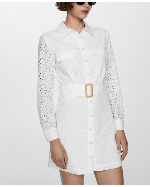 Mango White Embroidered Belt Dress