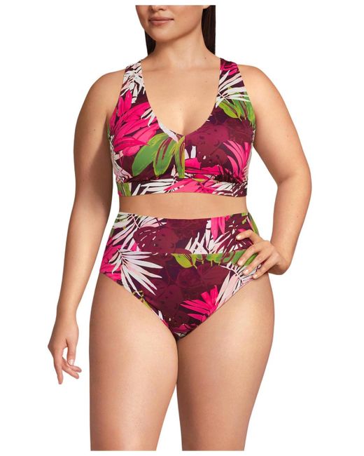 Lands' End Pink Plus Size V-neck Bikini And High Waisted Bottom Swimsuit Set