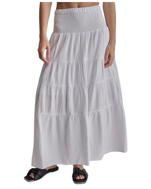 DKNY Gray Cotton Smocked-waist Tiered Maxi Skirt