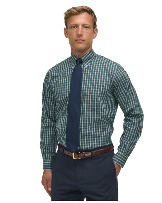 Brooks Brothers Blue Regular-fit Polo Button- Down Collar Tartan Plaid Dress Shirt for men