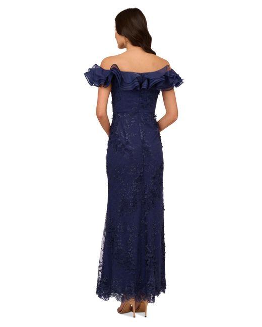 Adrianna Papell Blue Ruffled Off-the-shoulder Mermaid Gown