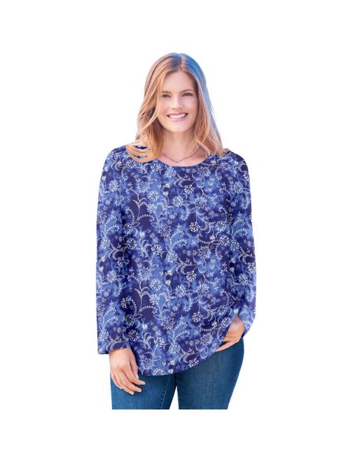 Woman Within Blue Plus Size Within Perfect Printed Long-sleeve Crewneck Tee
