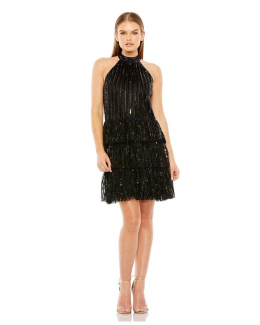 Mac Duggal Black High Neck A-line Ruffle Sequin Mini Dress