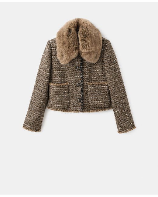 Mango Brown Fur Collar Tweed Jacket