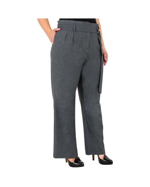 Standards & Practices Gray Plus Size Belted Straight Leg Paper Bag Pants