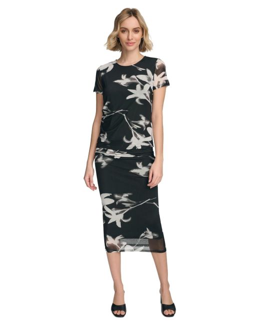 Calvin Klein Black Short Sleeve Floral-print Top