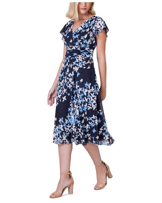 Jessica Howard Blue Petite Floral Flutter-sleeve Midi Dress