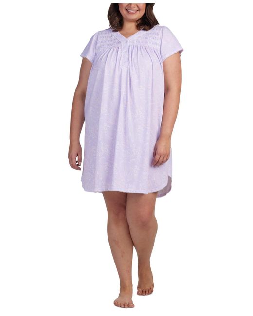 Miss Elaine Purple Plus Size Short-sleeve Embroidered Paisley Nightgown