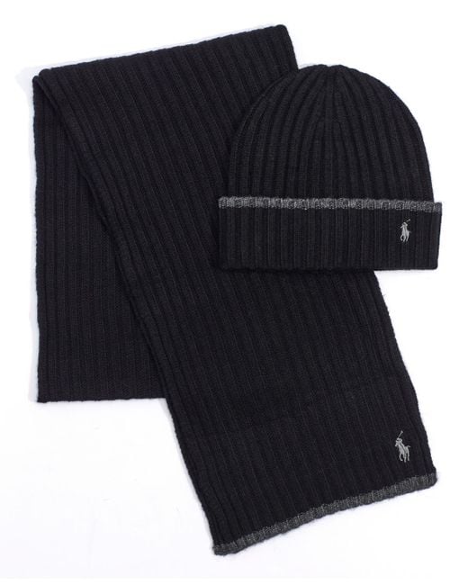 Polo Ralph Lauren Classic Ribbed Hat And Scarf Set in Blue for Men Lyst