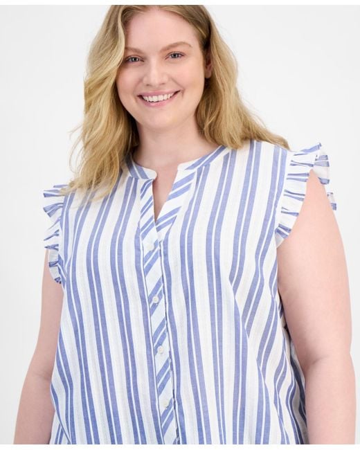Tommy Hilfiger Blue Plus Size Striped Cotton Top