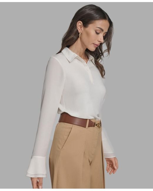 BCBGMAXAZRIA Multicolor Long Sleeve Ruffle-cuff Collared Top