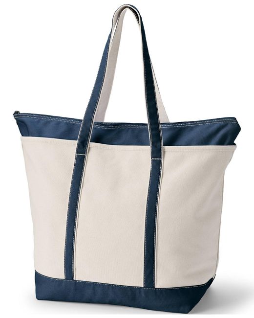 Lands' End White Extra Large 5 Pocket Zip Top Long Handle Canvas Tote Bag