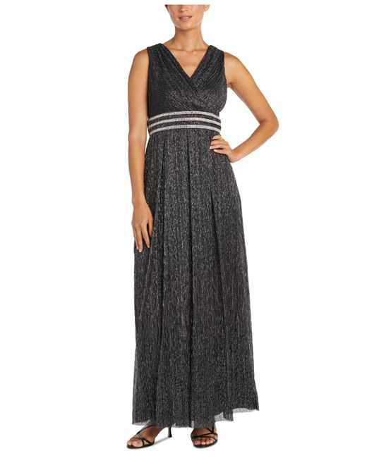 R & M Richards Synthetic Crinkle Pleated Gown in Black/Silver (Black ...