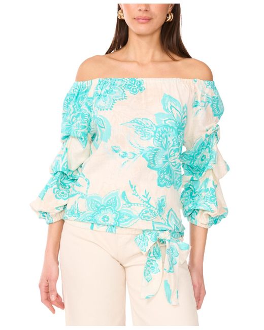 Vince Camuto Blue Floral Linen-blend Off-the-shoulder Bubble 3/4-sleeve Tie-front Blouse