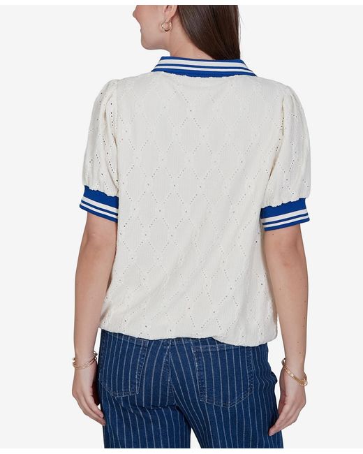 Ruby Rd Blue Plus Size Diamond Eyelet Bubble Hem Top