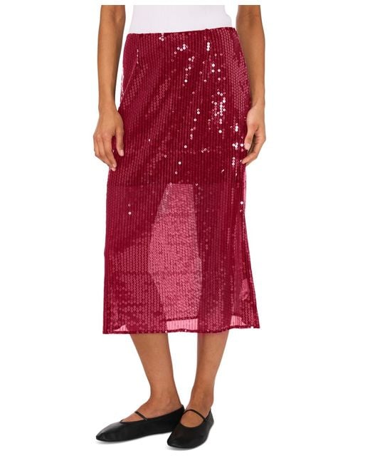 1.STATE Red Side-zip Sequin Midi Skirt