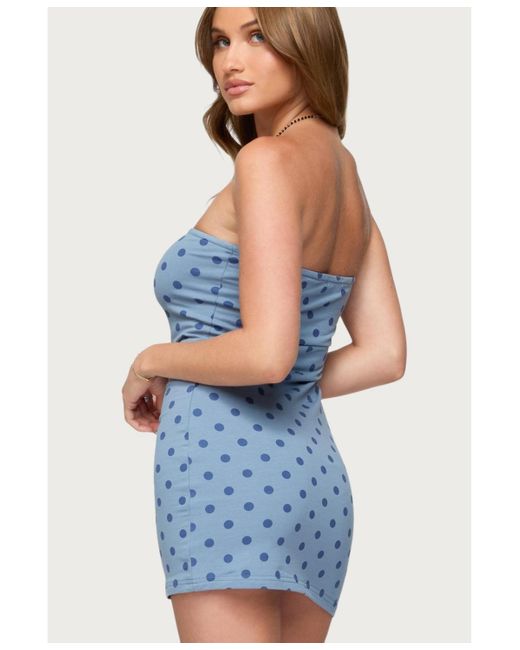 Edikted Blue Lewis Polka Dot Strapless Mini Dress