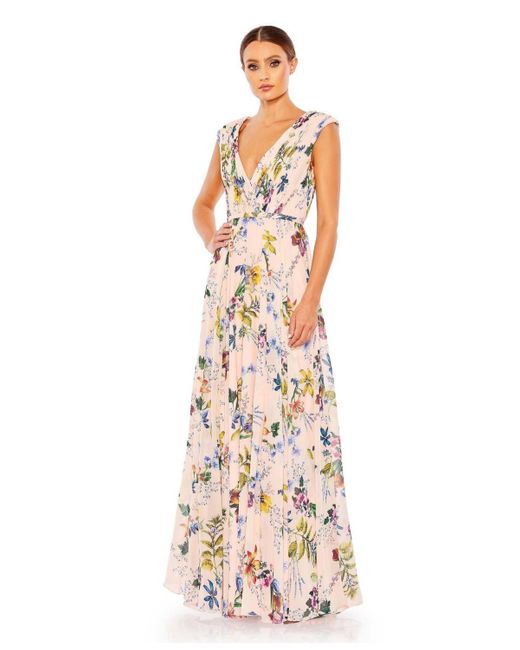 Mac Duggal Metallic Pleated Floral Cap Sleeve A Line Gown