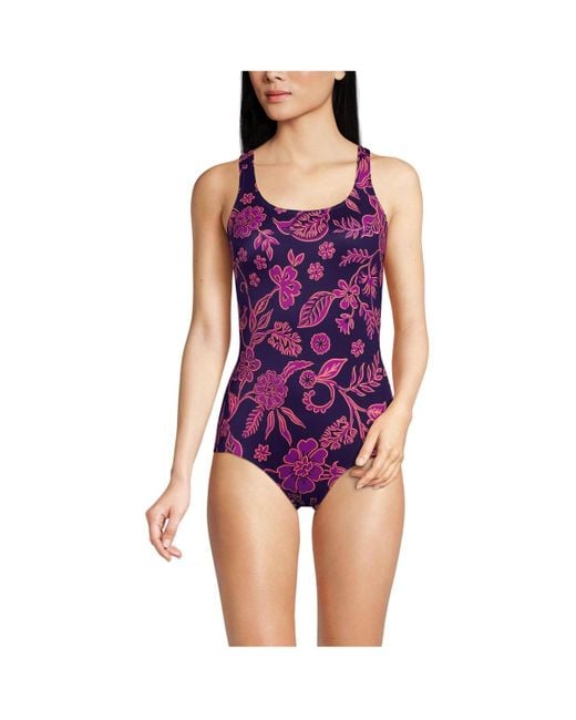 Lands' End Purple Chlorine Resistant Soft Cup Tugless Sporty One Piece Swimsuit