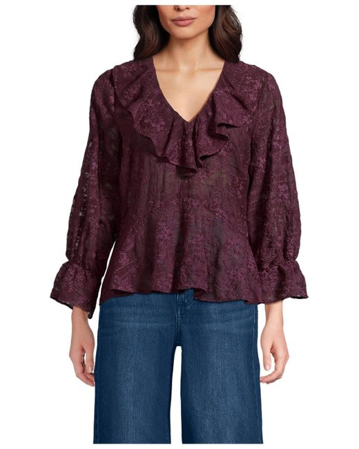 Lands' End Red Feminine Ruffle Chiffon V Neck Blouse