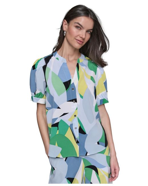 Karl Lagerfeld Blue Karl Lagerfeld Printed Puff-sleeve Button-front Top
